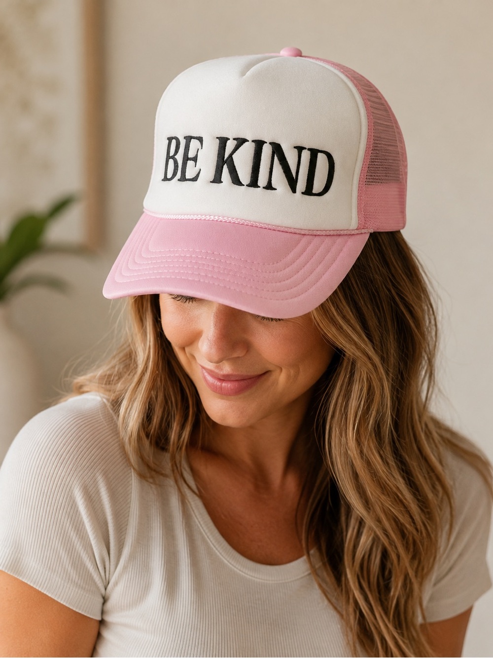 OTTO Pink and White "BE KIND" Trucker Hat